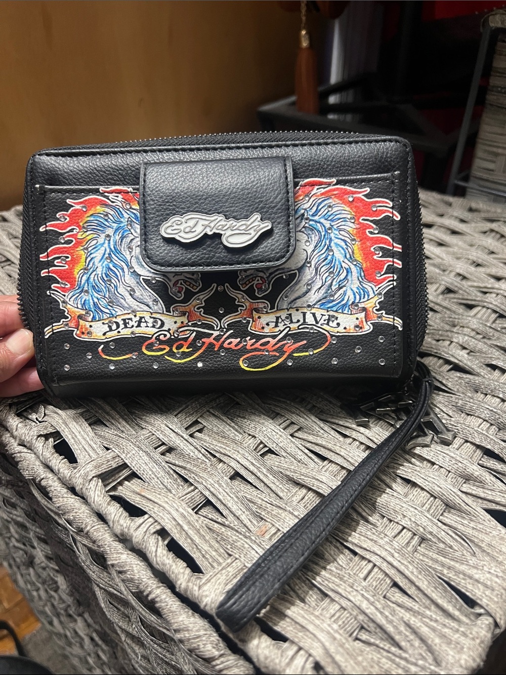 Ed Hardy Black Wallet with Colorful Flame and Wing Graphic